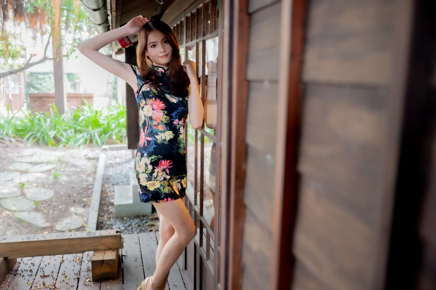 [Mzsock] NO.202 He Jiaxin black flower short cheongsam stockings high heels beautiful legs street photography#[97P]-22